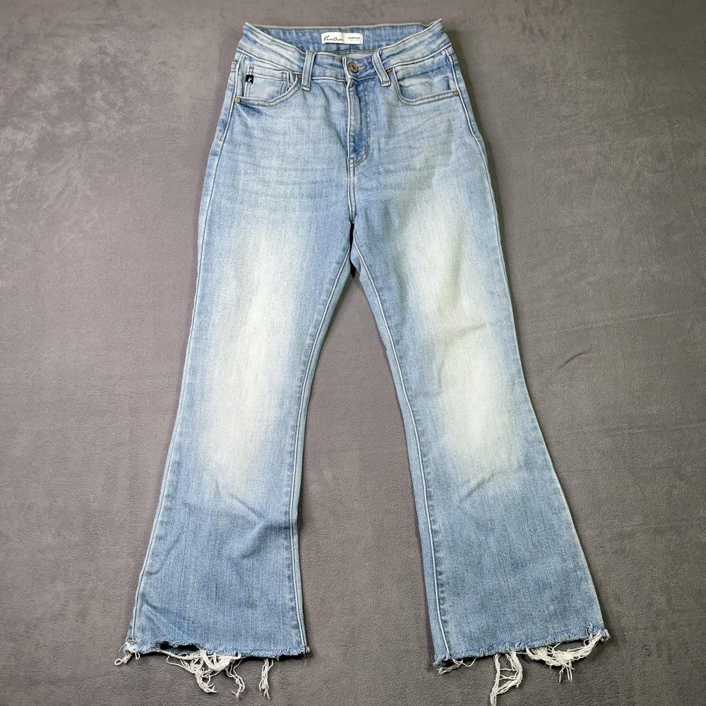 KanCan Flare Jeans Light Wash Good Distressed Raw Hem High Rise Womens Size 26